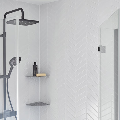 Floating Corner Tile Shower Shelf Triangular with Railing & Hanger Sand Line Design Ti-Shelf